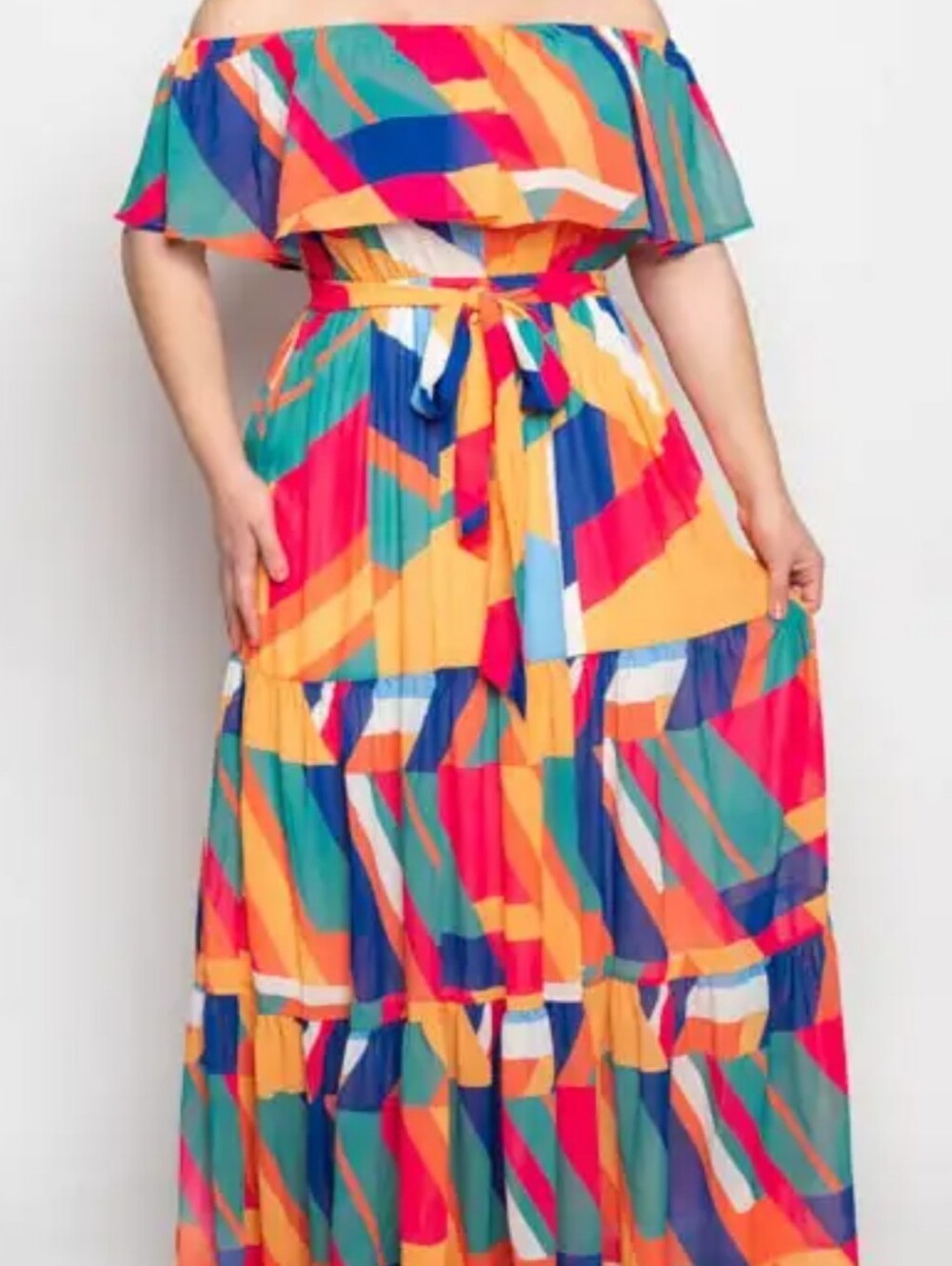 Flying Tomato Multicolor Chevron/Geometric Off-Shoulder Maxi Dress